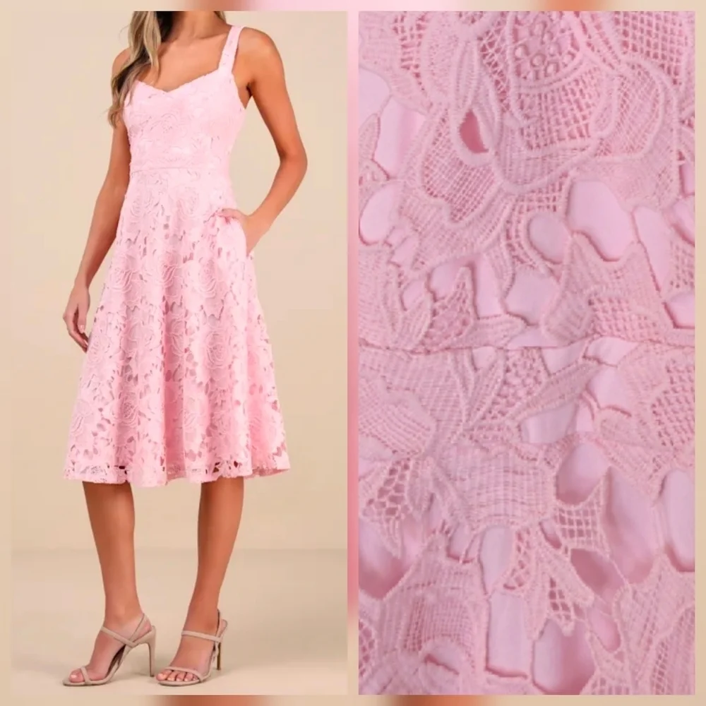 Lulus Divine Beauty Blush Pink Lace Midi Dress With Pockets, Size Large NWT